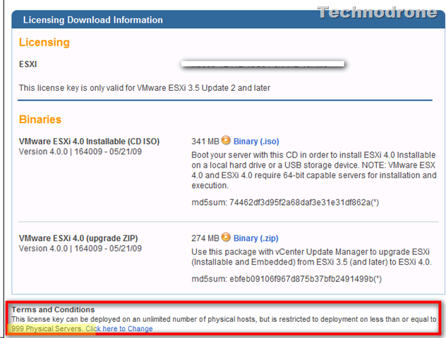 VMware ESXi 4.0 licensing download page with Terms limiting deployment to 999 physical servers highlighted