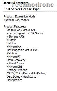 ESX Server license panel showing Evaluation Mode expiring 23/07/2009 and full list of product features