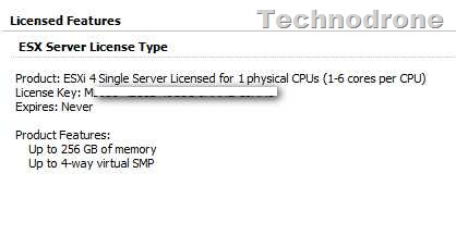 vSphere Licensed Features panel showing ESXi 4 single server license, up to 256 GB memory and 4-way SMP