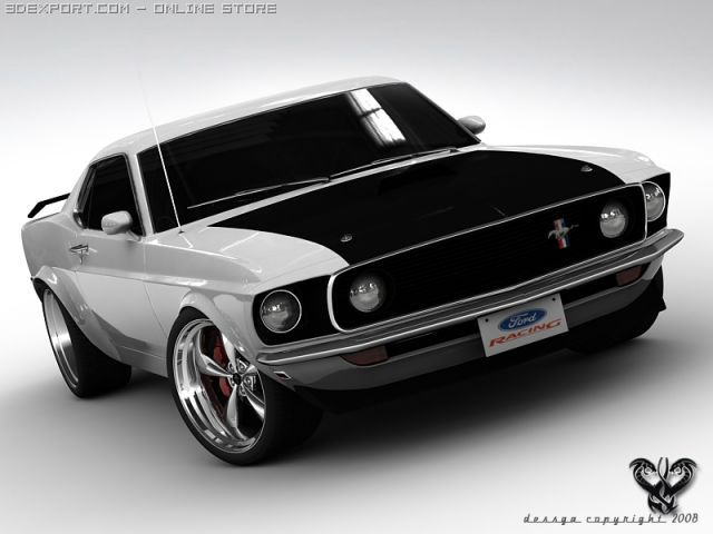 3D render of a black-and-white Ford Mustang muscle car from a 3dexport.com online store listing