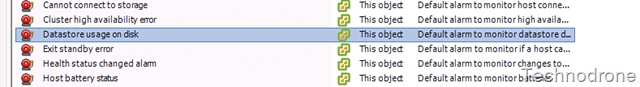 vCenter alarm definitions list with Datastore usage on disk row selected among default monitoring alarms