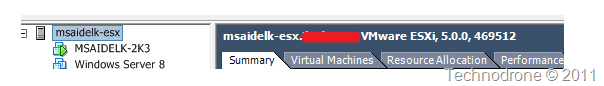 vSphere Client inventory with ESXi 5.0.0 build 469512 host and two VMs, host Summary tab selected vSphere Client inventory with ESXi 5.0.0 build 469512 host and two VMs, host Summary tab selected