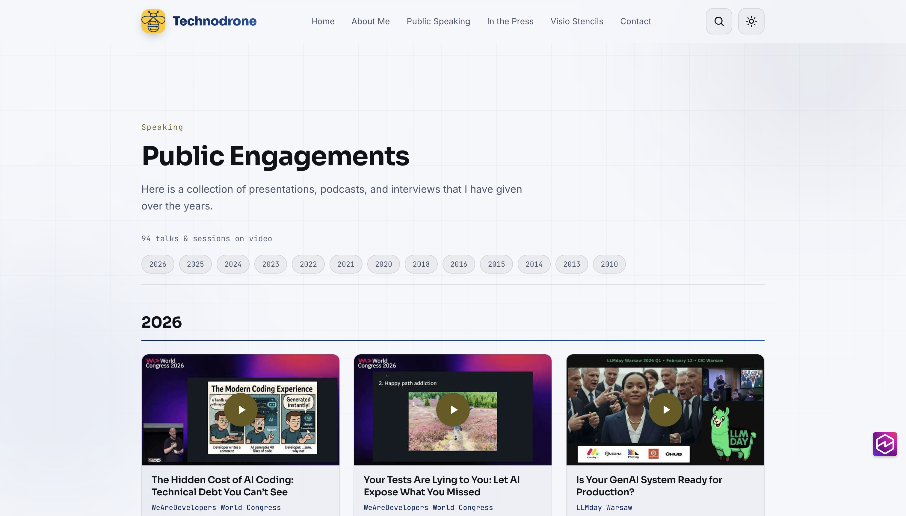 The new public engagements page — video cards with thumbnails, year navigation, inline playback