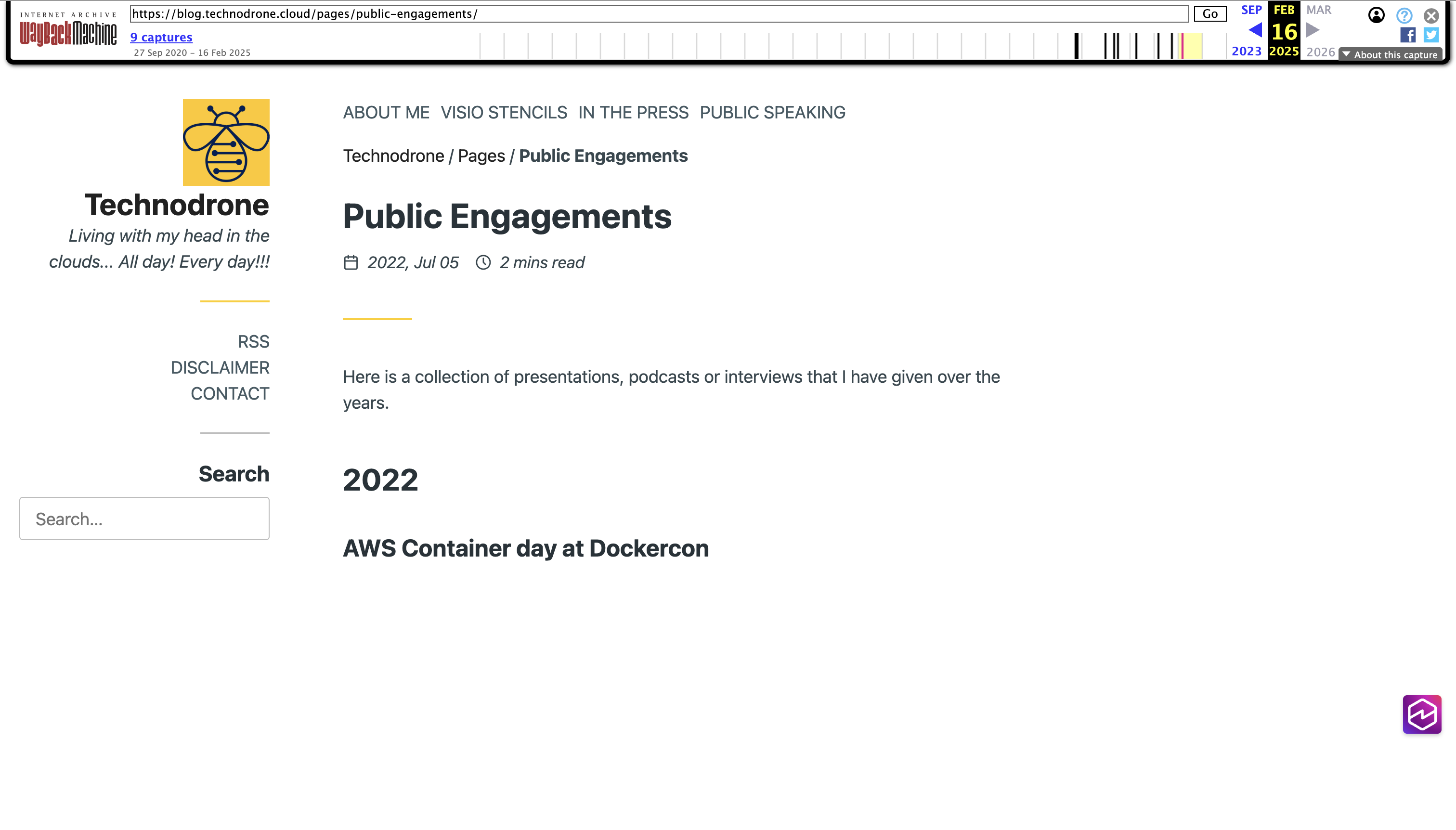 The old public engagements page — plain list under Minimo