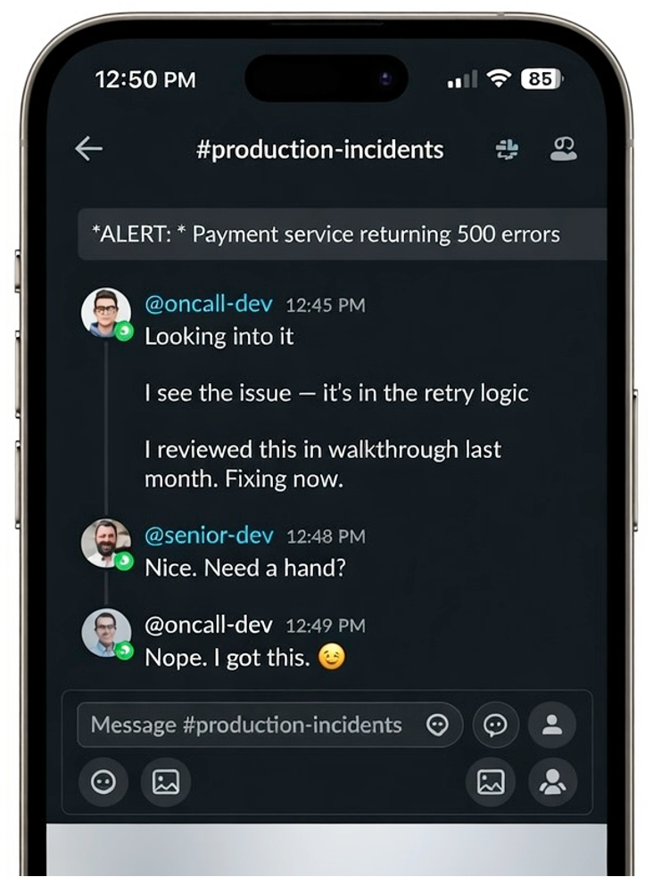 AI generated of alternative to better handled slack conversation about an outage