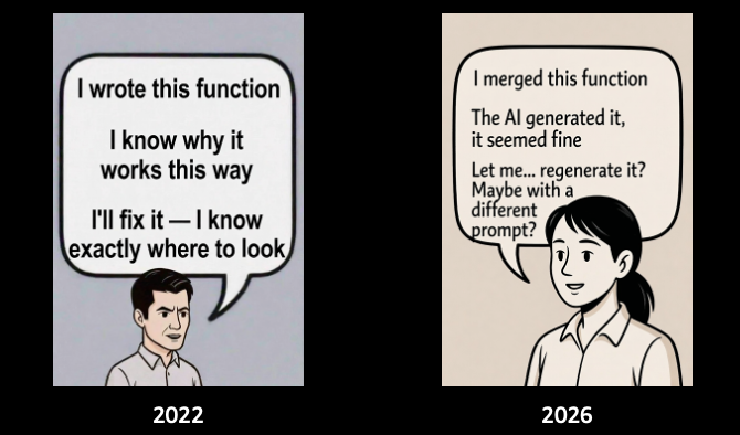AI generated image comparing devlopment practices between 2022 and 2026 