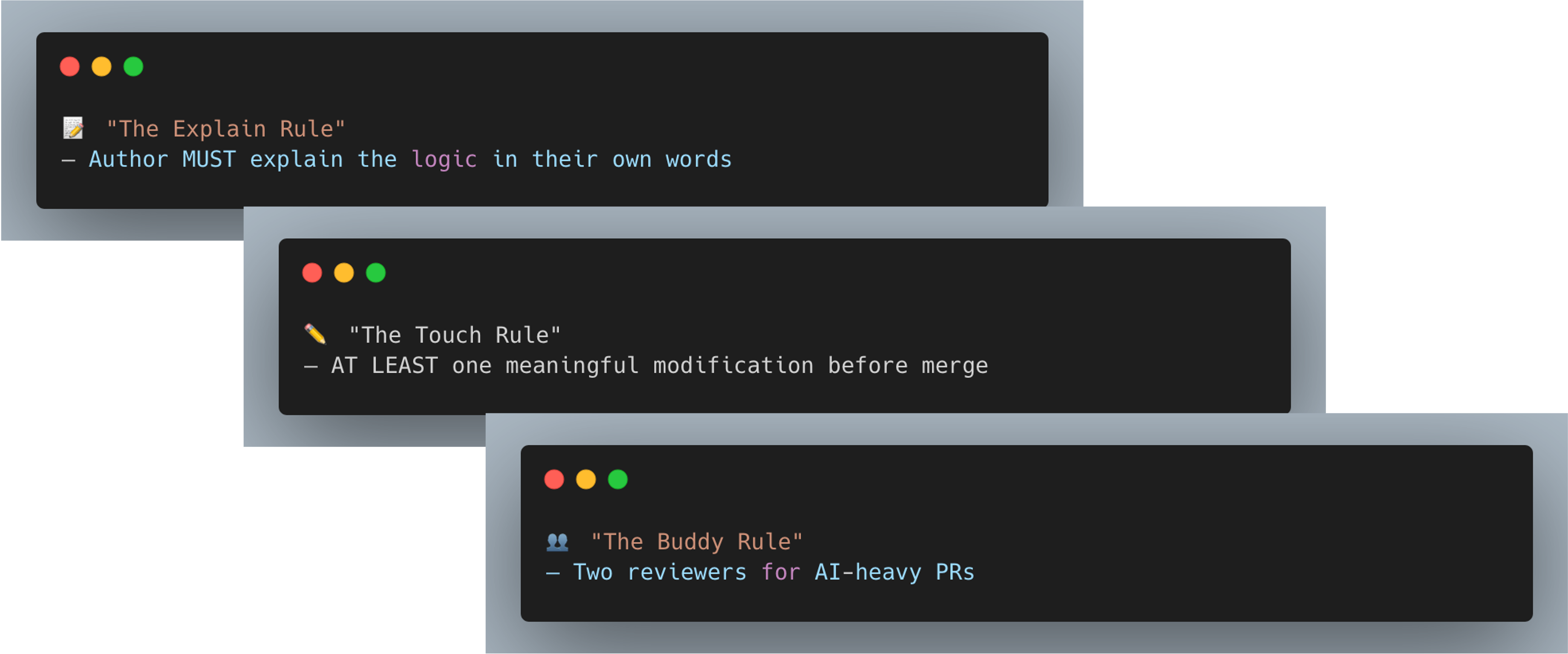 AI generated image of three rules, explain, touch, and buddy