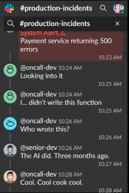 AI generated image of Slack conversation between two people about a production outage